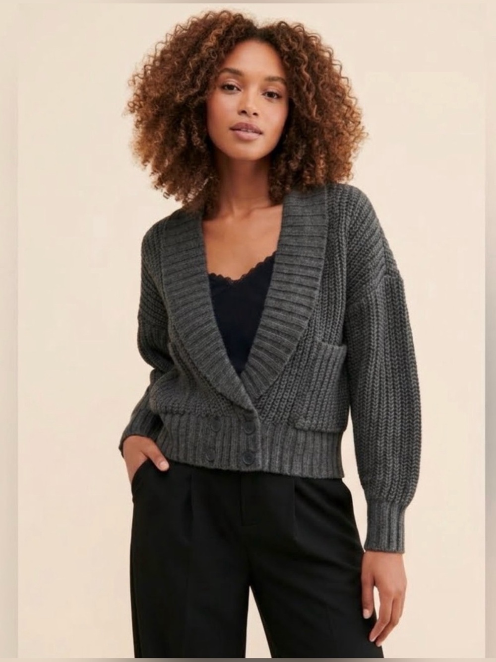Anthropologie Deep V Chunky Knit Cardigan M Gray Oversized Wool Blend